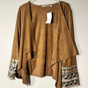 Soft Surroundings Soft Faux Suede Tan Open Waterfall Cardigan Sequin Trim Size L